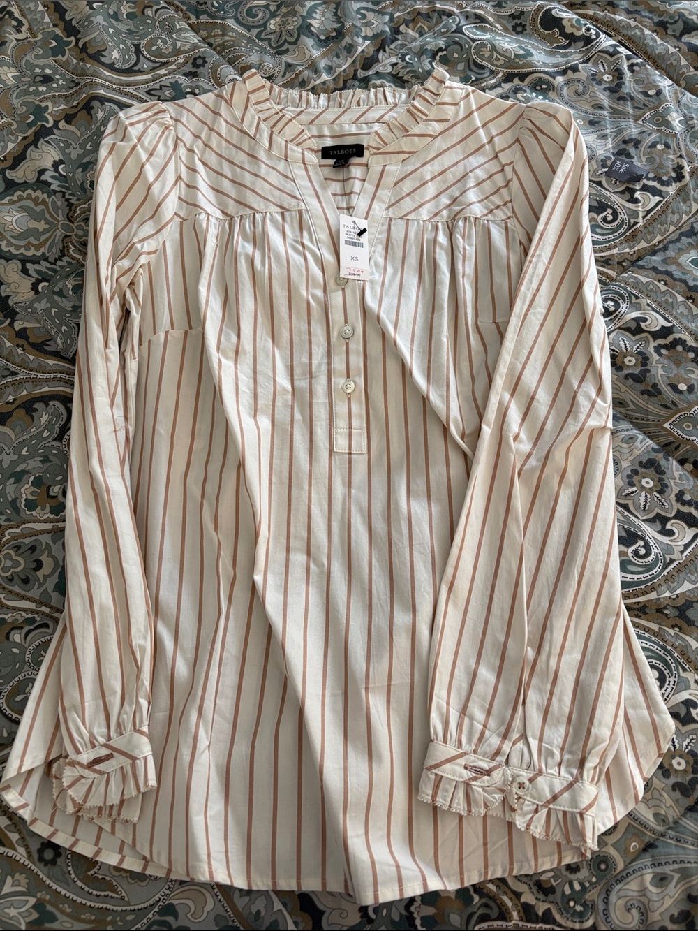 Talbots Cream Blouse with Tan Stripes Size XS NWT
